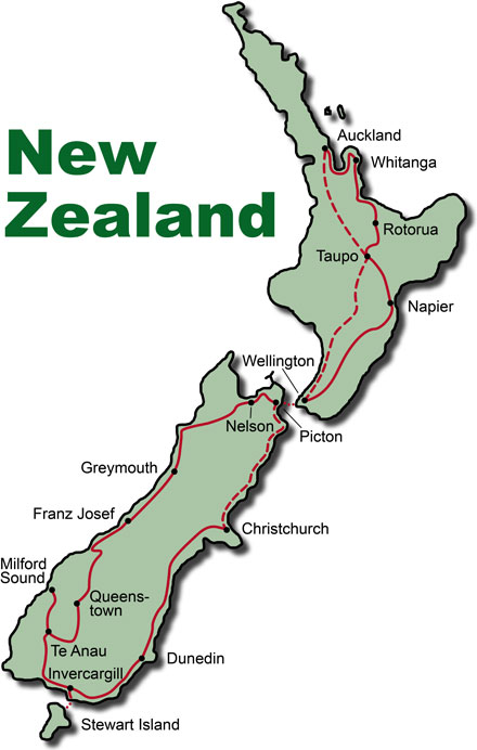 Die Route für die Neuseeland Mietwagen Reise Highlights