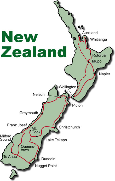 Die Route für die Neuseeland Mietwagen Reise Highlights