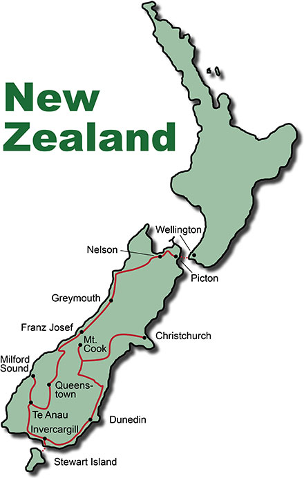 Die Route für die Erlebnisreise Neuseeland Southern