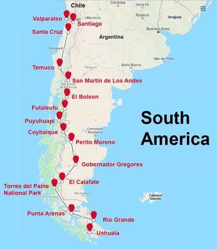 The Route for the South America Patagonia Motorcycle Tour