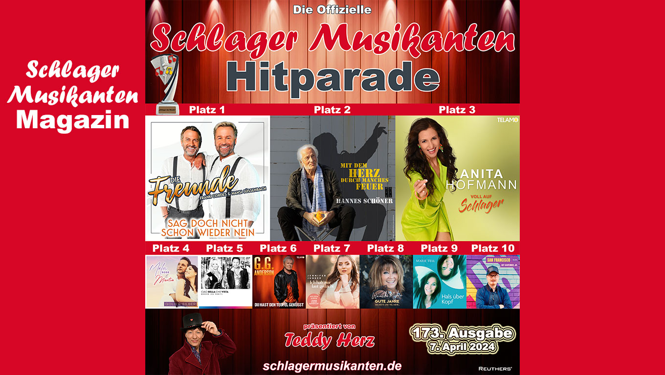 173. Ausgabe der Offiziellen "Schlager Musikanten Hitparade" - die Top 10 mit dem Schlager des Monats März