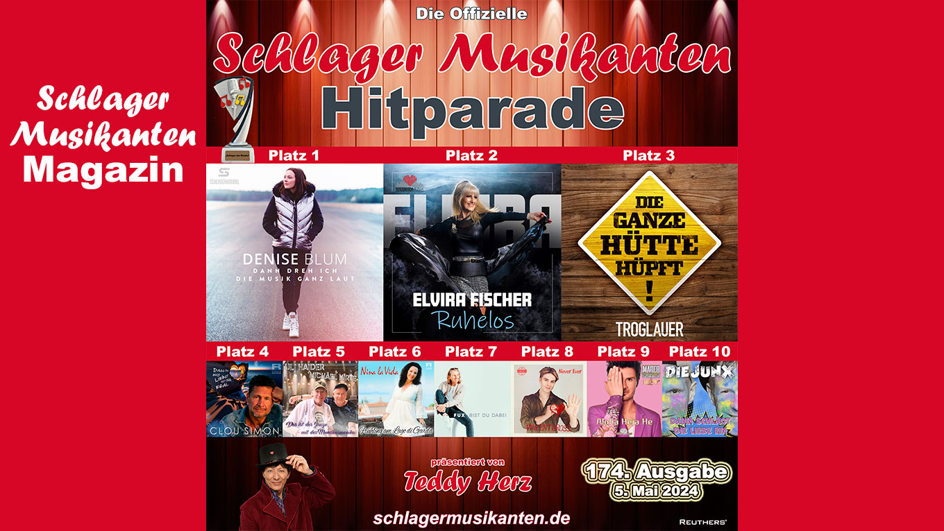 174. Ausgabe der Offiziellen "Schlager Musikanten Hitparade" - die Top 10 mit dem "Schlager des Monats" April
