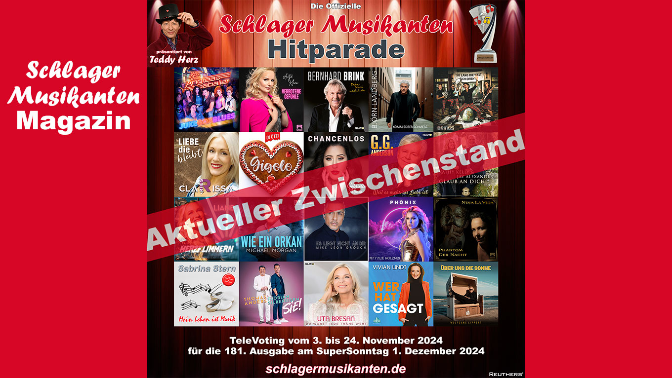 Aktueller Zwischenstand vom 17. November 2024 für die 181. Ausgabe der Offiziellen "Schlager Musikanten Hitparade"