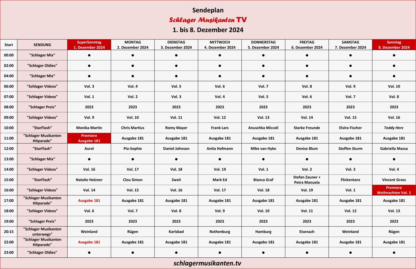 Der Aktuelle Sendeplan für die Woche 1. bis 8. Dezember 2024 im Schlager Musikanten TV