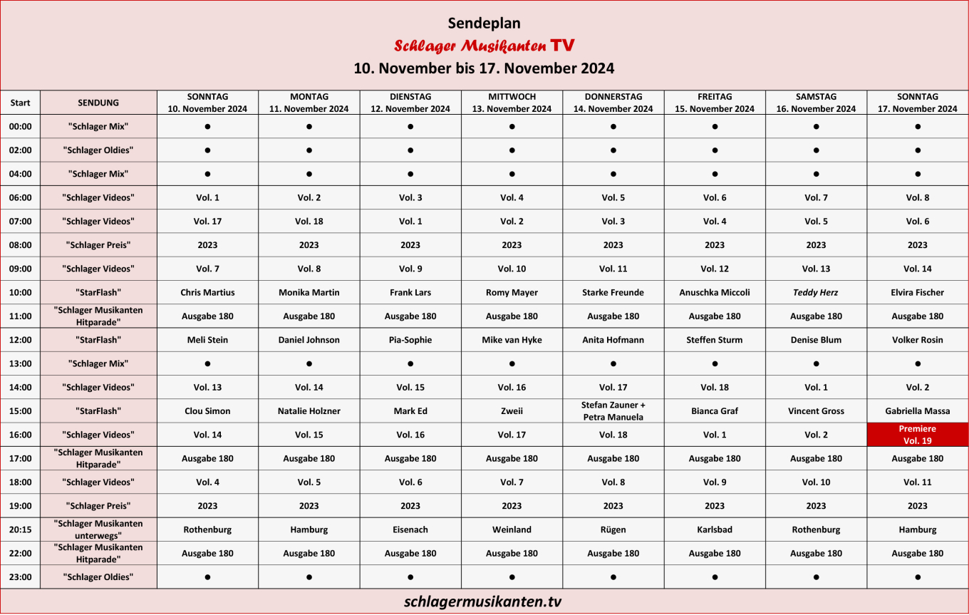 Der Aktuelle Sendeplan für die Woche 10. bis 17. November 2024 im Schlager Musikanten TV