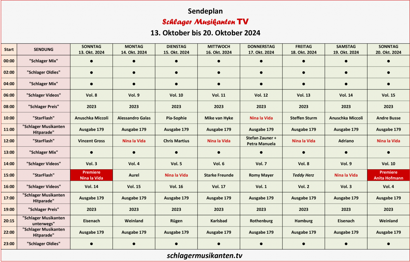 Der Aktuelle Sendeplan für die Woche 13. bis 20. Oktober 2024 im Schlager Musikanten TV