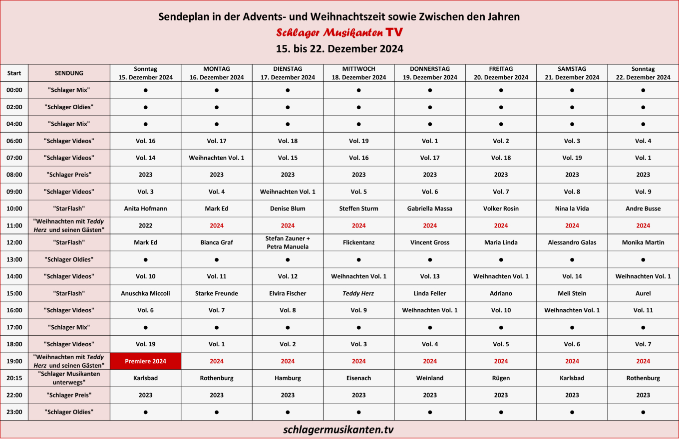 Der Aktuelle Sendeplan für die Woche 15. bis 22. Dezember 2024 im Schlager Musikanten TV