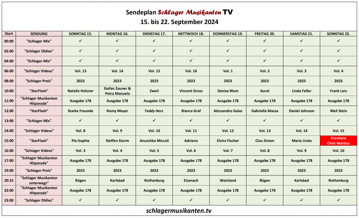 Der Aktuelle Sendeplan für die Woche 15. bis 22. September 2024 im Schlager Musikanten TV