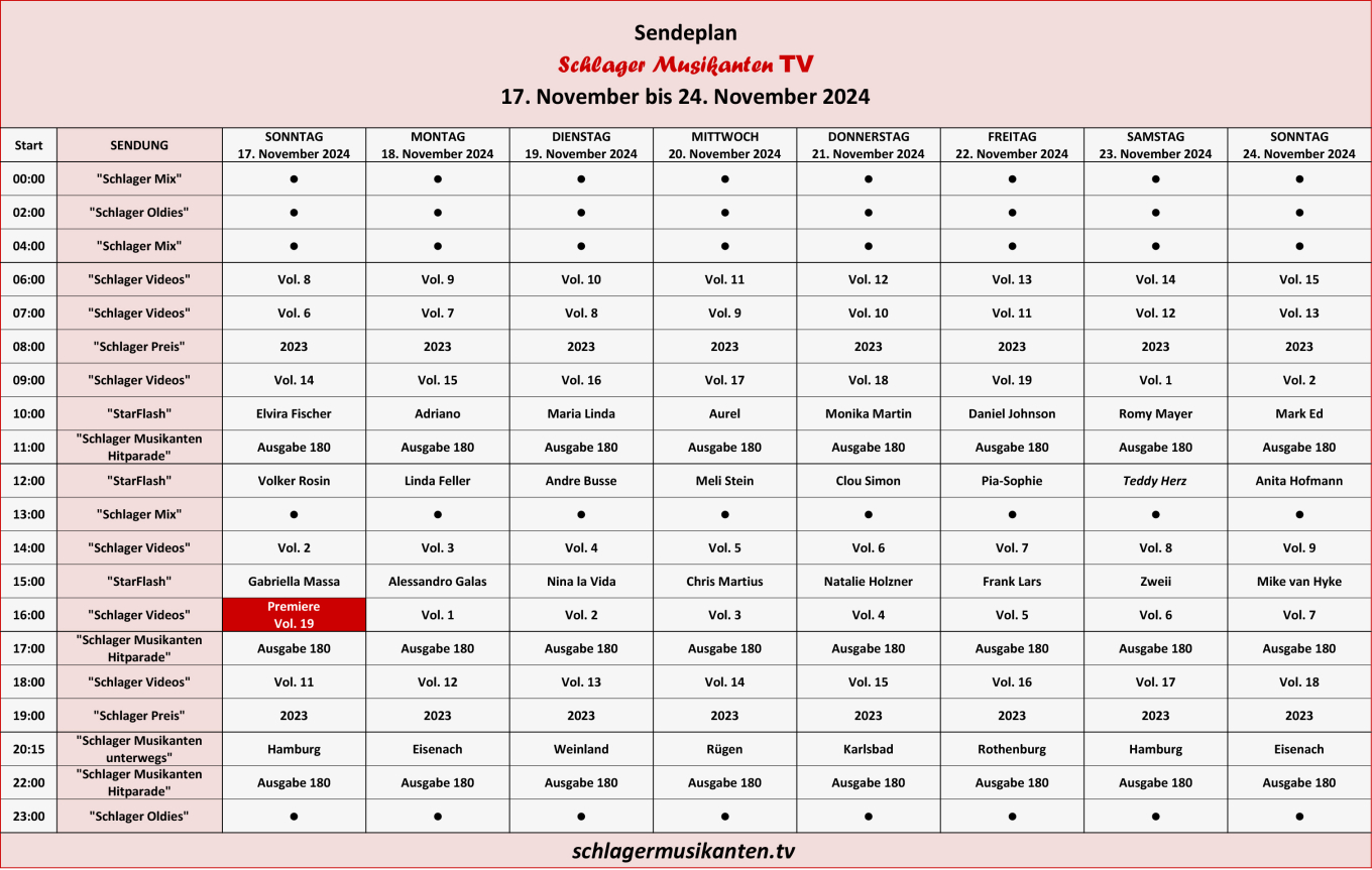 Der Aktuelle Sendeplan für die Woche 17. bis 24. November 2024 im Schlager Musikanten TV