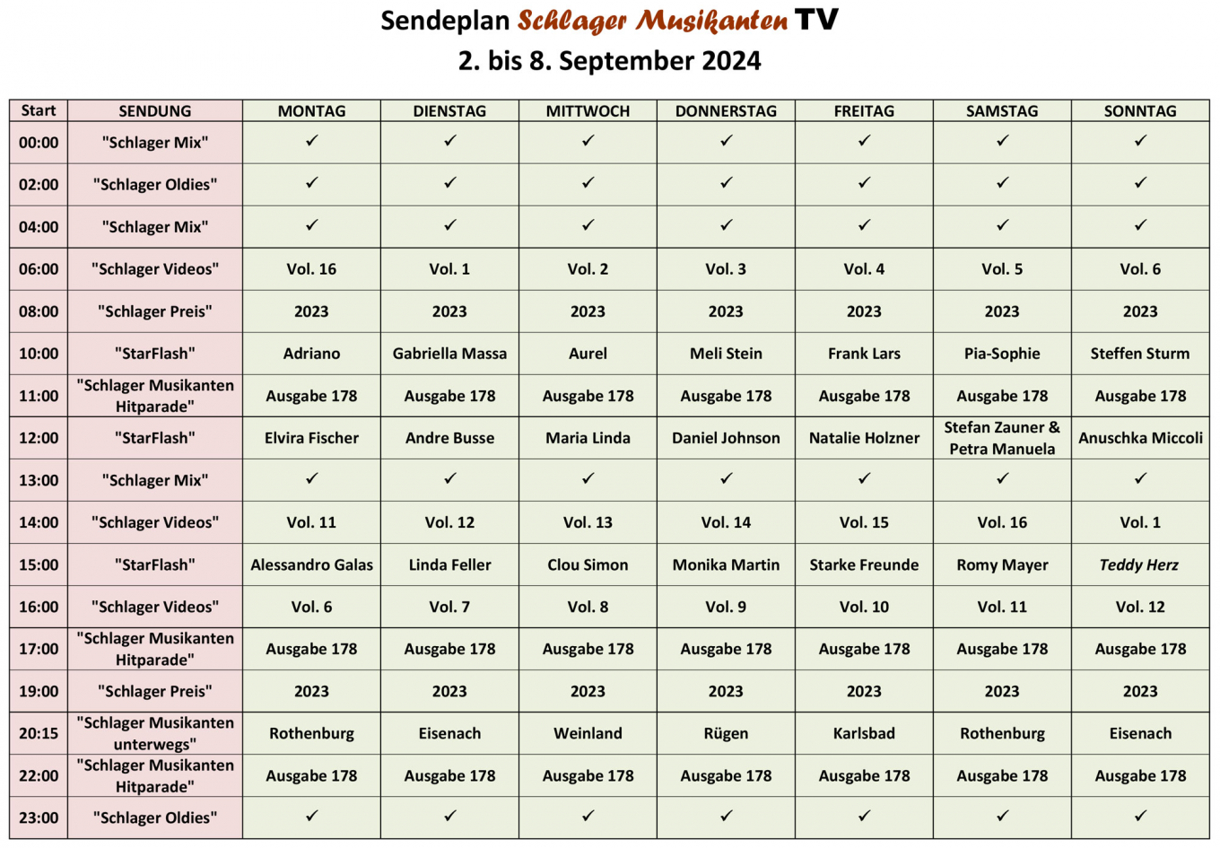 Der Aktuelle Sendeplan für die Woche 2. bis 8. September 2024 im Schlager Musikanten TV