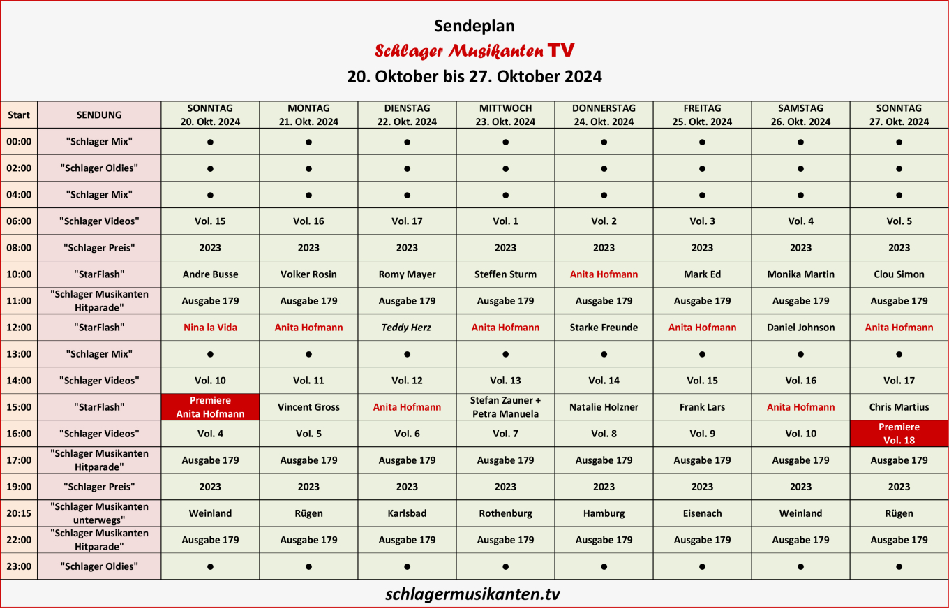 Der Aktuelle Sendeplan für die Woche 20. bis 27. Oktober 2024 im Schlager Musikanten TV