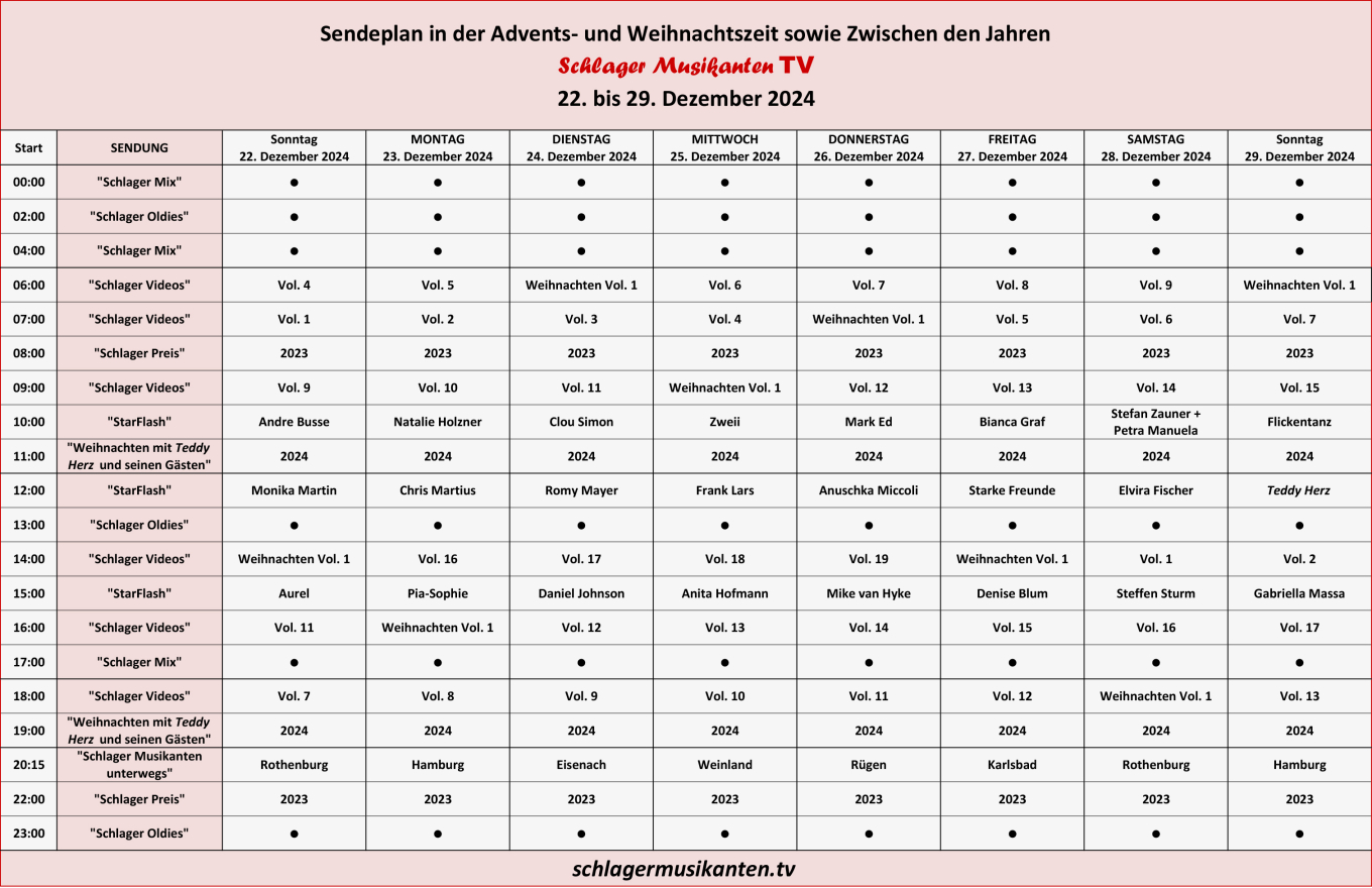 Der Aktuelle Sendeplan für die Woche 22. bis 29. Dezember 2024 im Schlager Musikanten TV