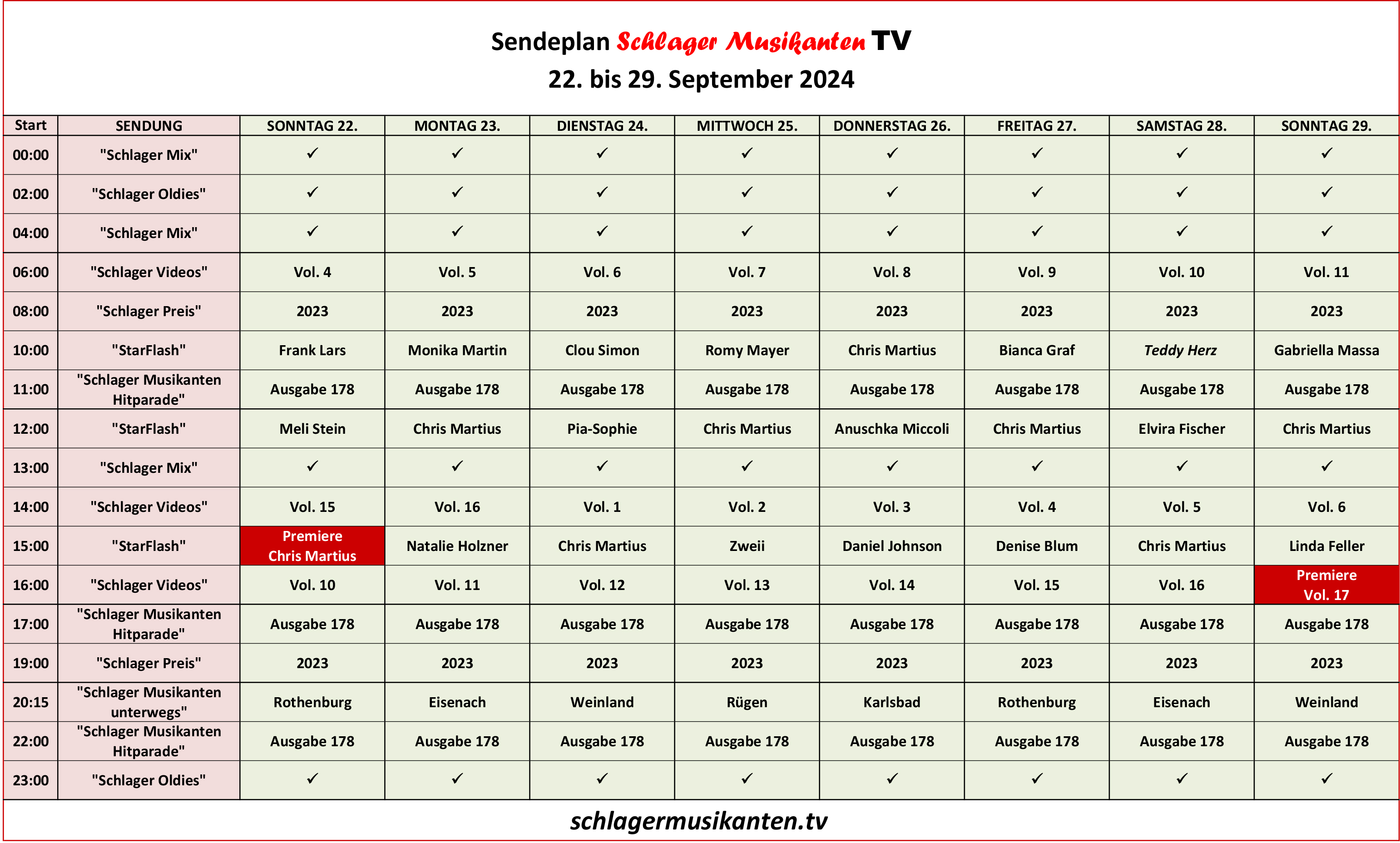 Der Aktuelle Sendeplan für die Woche 22. bis 29. September 2024 im Schlager Musikanten TV