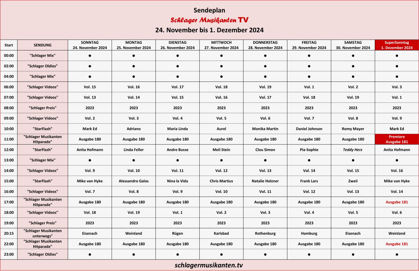 Der Aktuelle Sendeplan für die Woche 24. November bis 1. Dezember 2024 im Schlager Musikanten TV