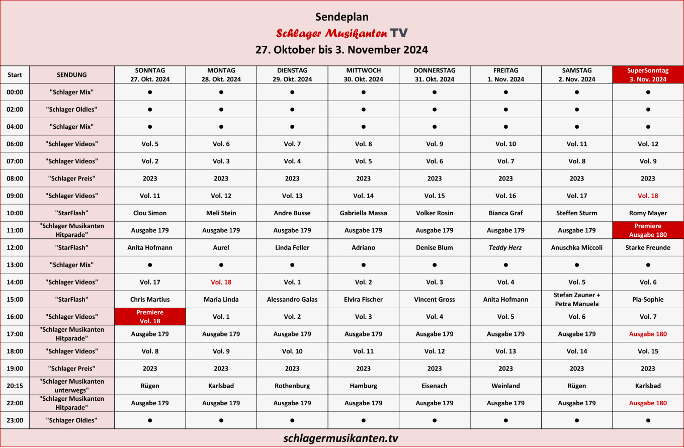 Der Aktuelle Sendeplan für die Woche 27. Oktober bis 3. November 2024 im Schlager Musikanten TV