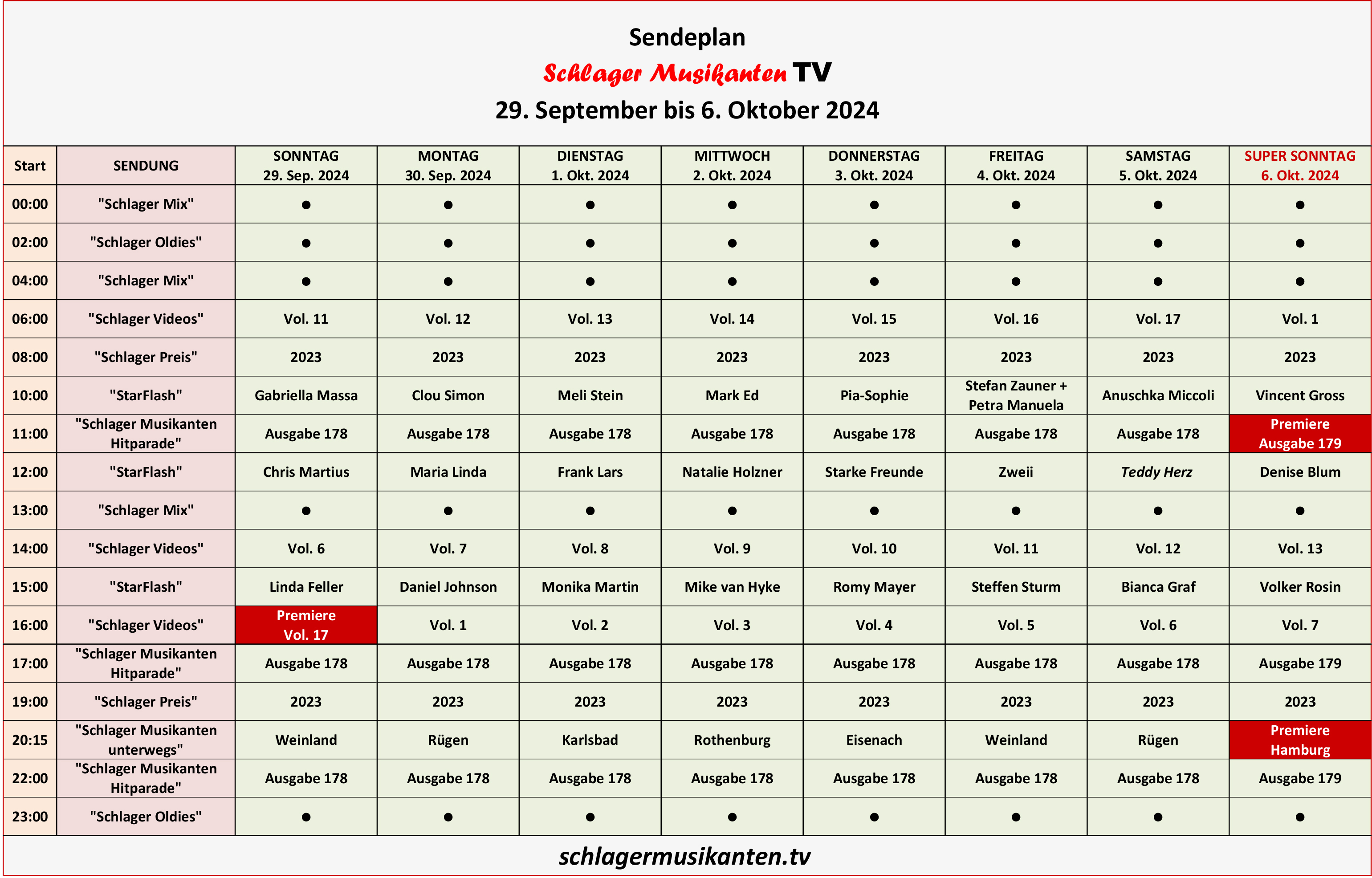 Der Aktuelle Sendeplan für die Woche 29. September bis 6. Oktober 2024 im Schlager Musikanten TV