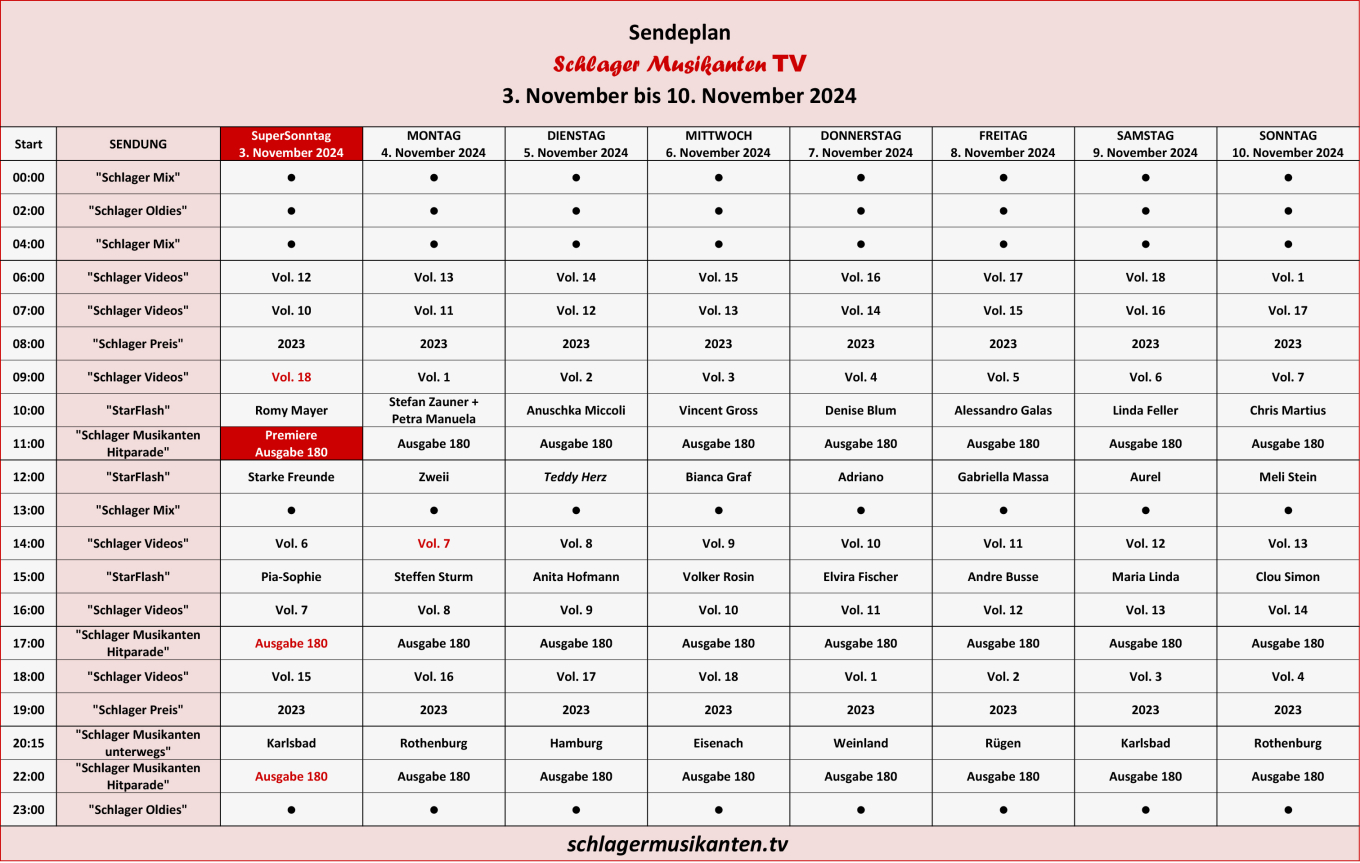 Der Aktuelle Sendeplan für die Woche 3. bis 10. November 2024 im Schlager Musikanten TV