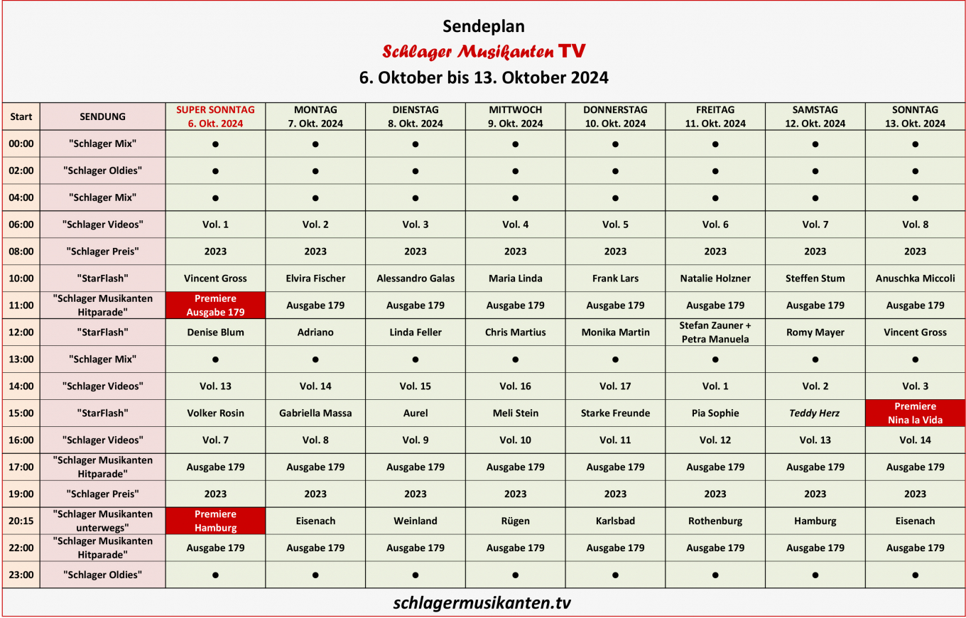 Der Aktuelle Sendeplan für die Woche 6 bis 13. Oktober 2024 im Schlager Musikanten TV