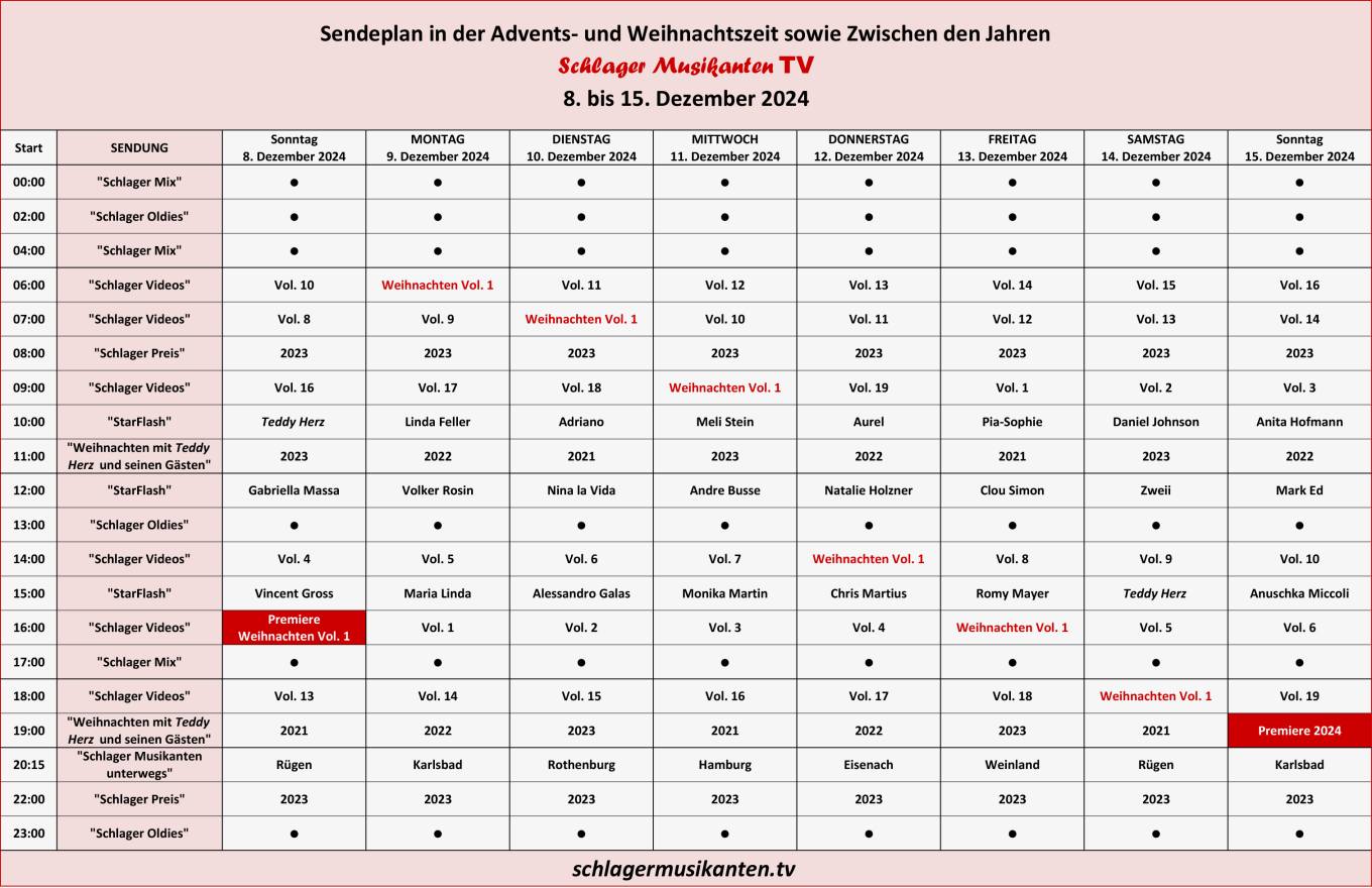 Der Aktuelle Sendeplan für die Woche 8. bis 15. Dezember 2024 im Schlager Musikanten TV