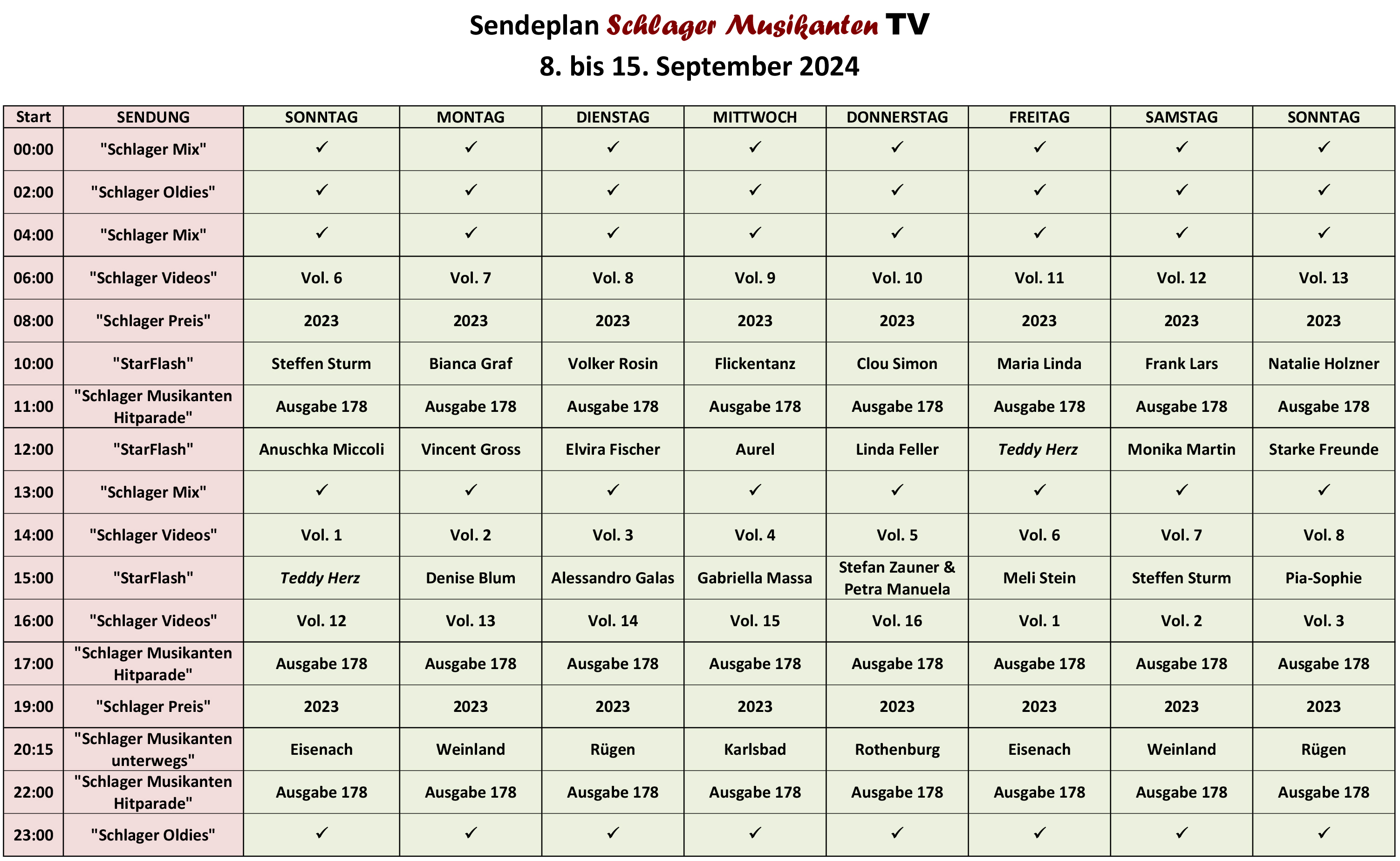 Der Aktuelle Sendeplan für die Woche 8. bis 15. September 2024 im Schlager Musikanten TV