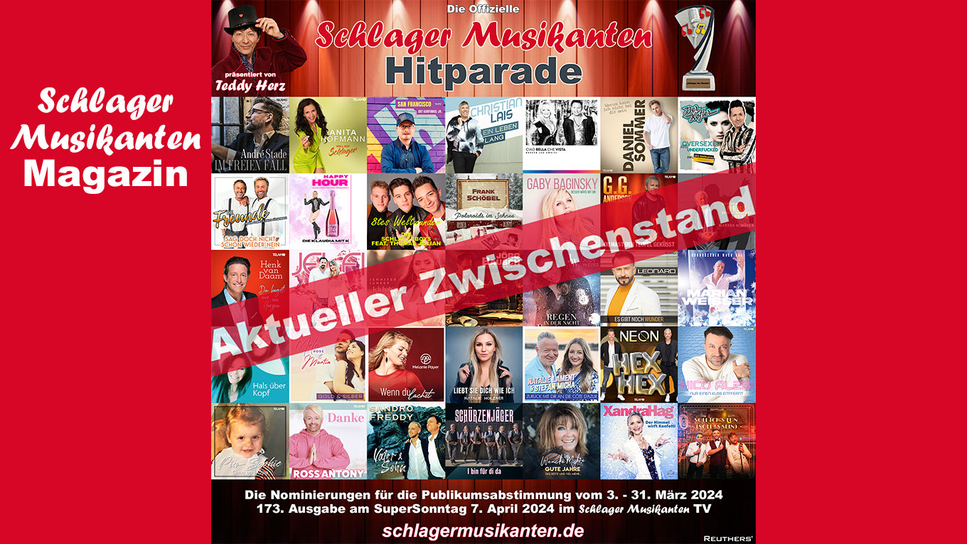 Letzter Zwischenstand vom 24. März 2024 für die 173. Ausgabe der Offiziellen "Schlager Musikanten Hitparade"