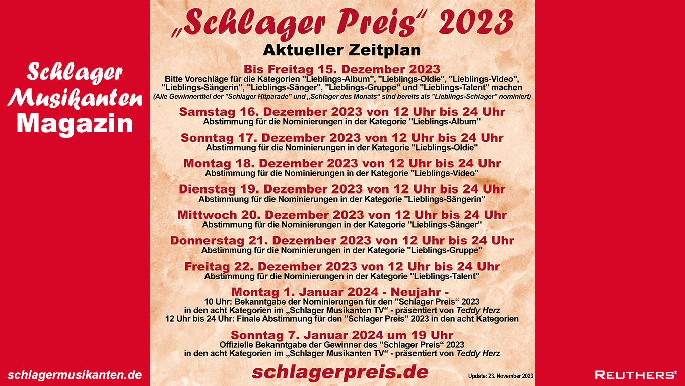 "Schlager Preis" 2023 - jetzt noch bis 15. Dezember Vorschläge machen!