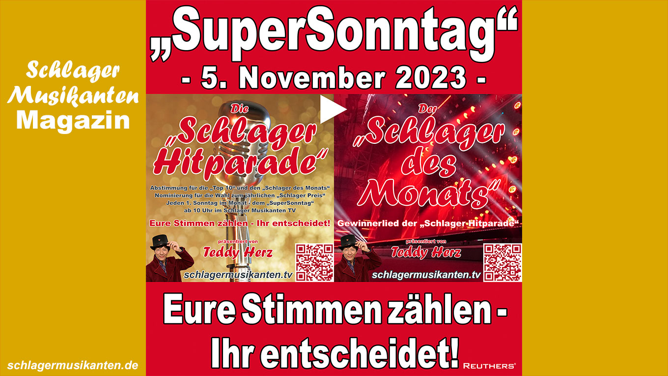 Teddy Herz präsentiert die 168. "Schlager Hitparade" am "SuperSonntag" 5. November 2023