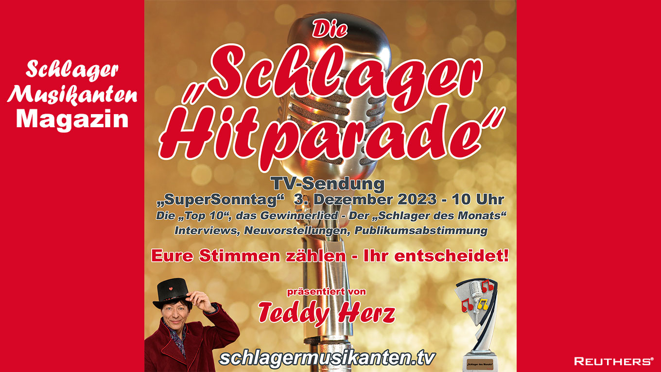 Teddy Herz präsentiert die 169. "Schlager Hitparade" am "SuperSonntag" 3. Dezember 2023